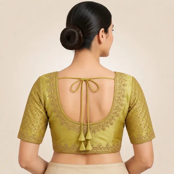 Yellow_Silk_Short_Sleeve_Ethnic_Embroidered_Round_Neck_Blouse_For_Women
