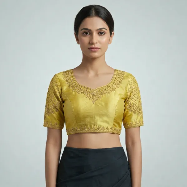 Yellow_Silk_Short_Sleeve_Ethnic_Embroidered_Round_Neck_Blouse_For_Women