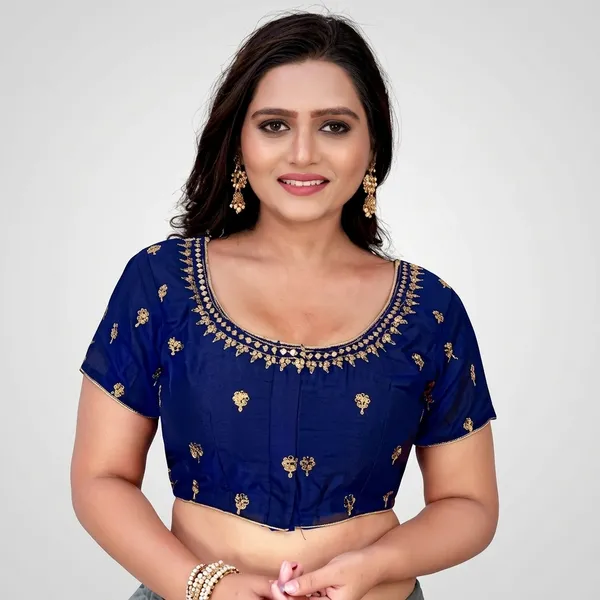 Navy_Blue_Silk_Padded_Round_Neck_Blouse_For_Women