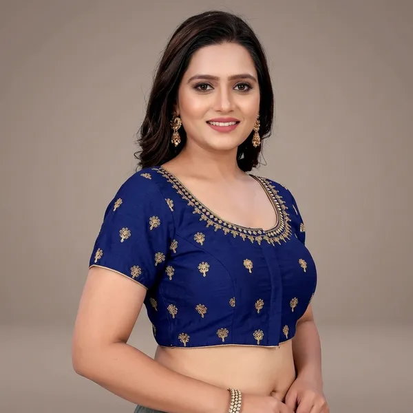 Navy_Blue_Silk_Padded_Round_Neck_Blouse_For_Women