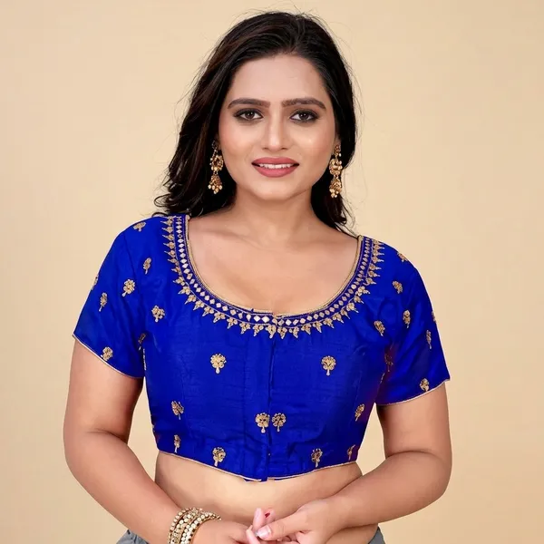 Blue_Silk_Padded_Round_Neck_Blouse_For_Women