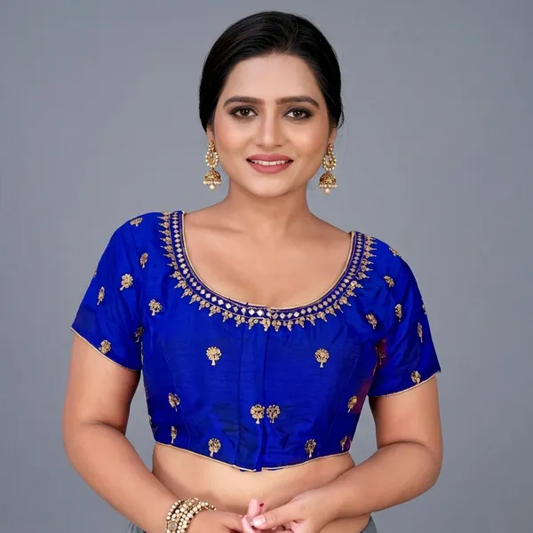 Blue_Silk_Padded_Round_Neck_Blouse_For_Women