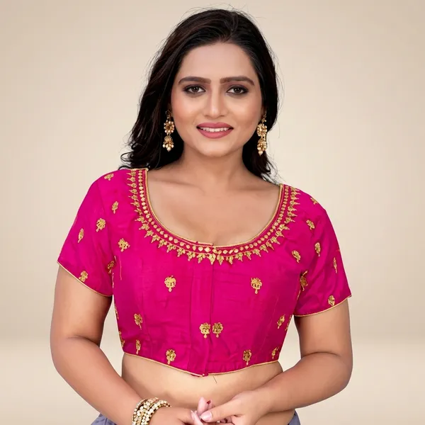 Pink_Silk_Padded_Round_Neck_Blouse_For_Women