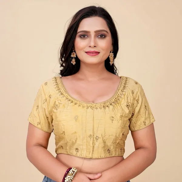 Gold_Silk_Padded_Round_Neck_Blouse_For_Women
