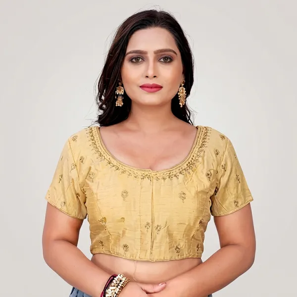 Gold_Silk_Padded_Round_Neck_Blouse_For_Women