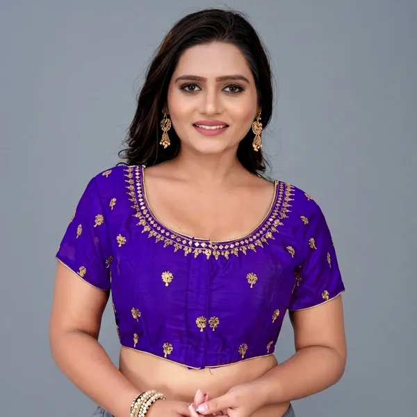 Purple_Silk_Padded_Round_Neck_Blouse_For_Women