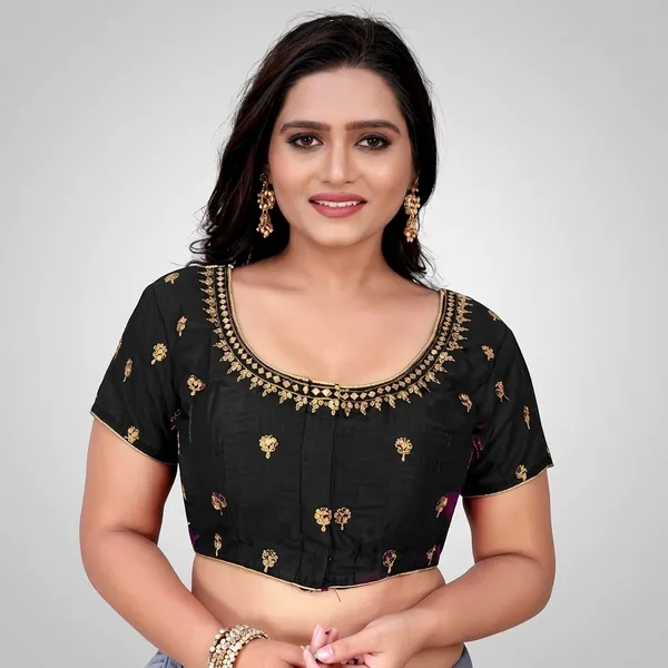 Black_Silk_Round_Neck_Padded_Blouse_For_Women