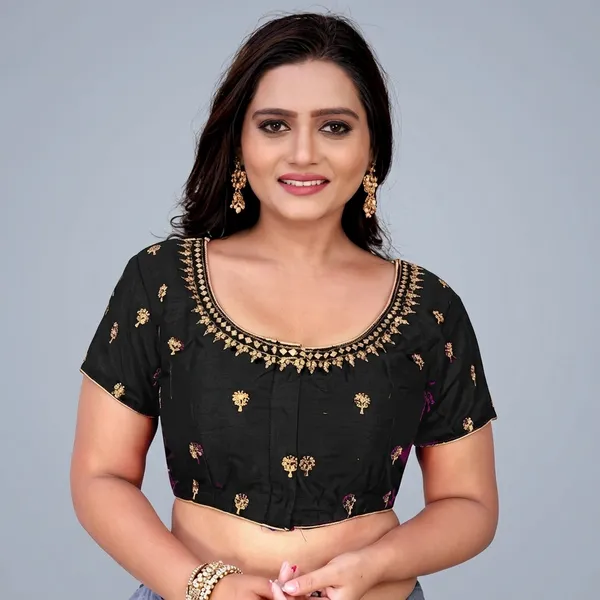 Black_Silk_Round_Neck_Padded_Blouse_For_Women