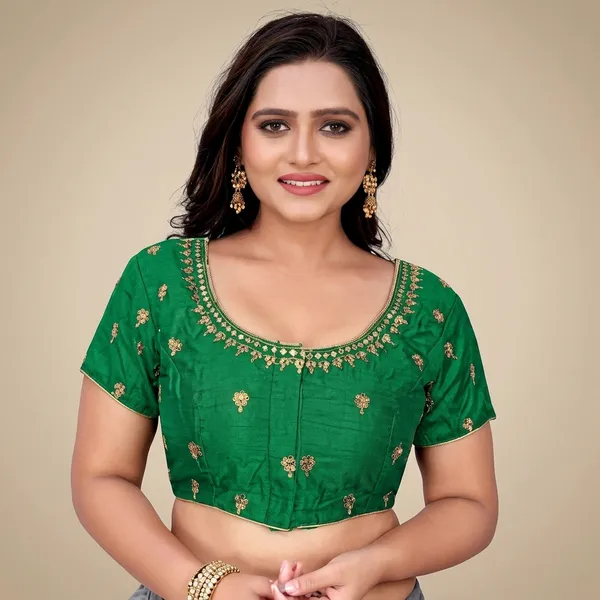 Green_Silk_Padded_Round_Neck_Blouse_For_Women