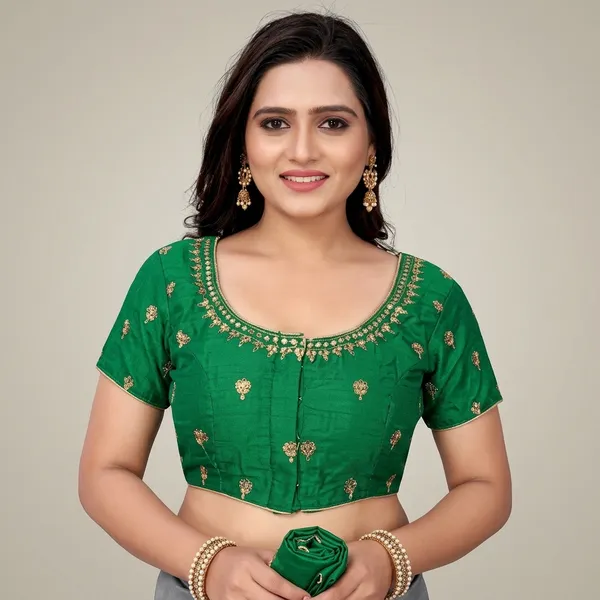 Green_Silk_Padded_Round_Neck_Blouse_For_Women