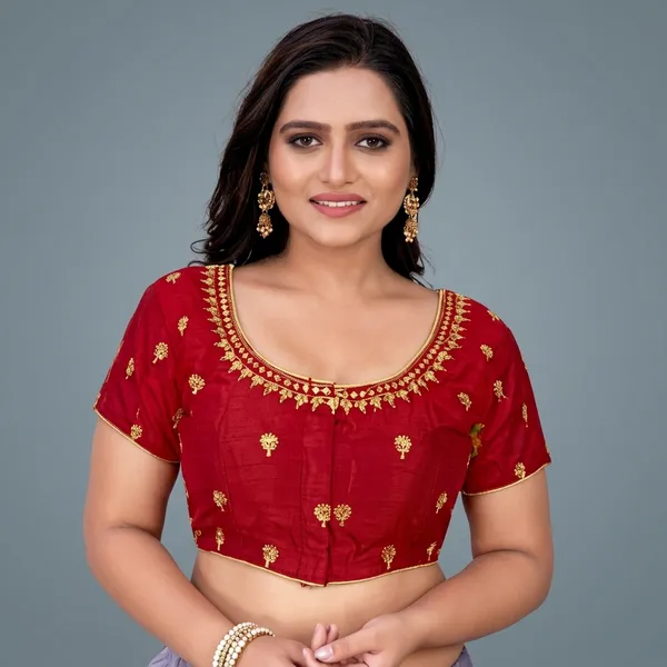 Maroon_Silk_Round_Neck_Padded_Blouse_For_Women