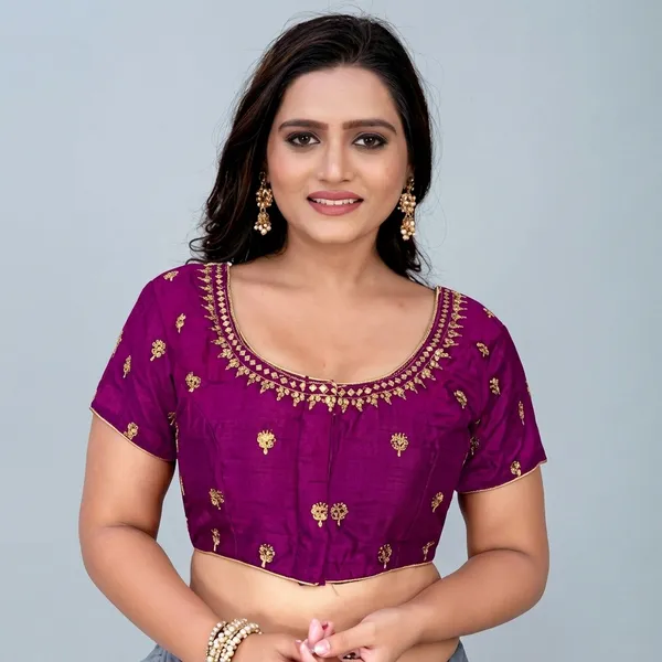 Purple_Silk_Padded_Round_Neck_Blouse_For_Women