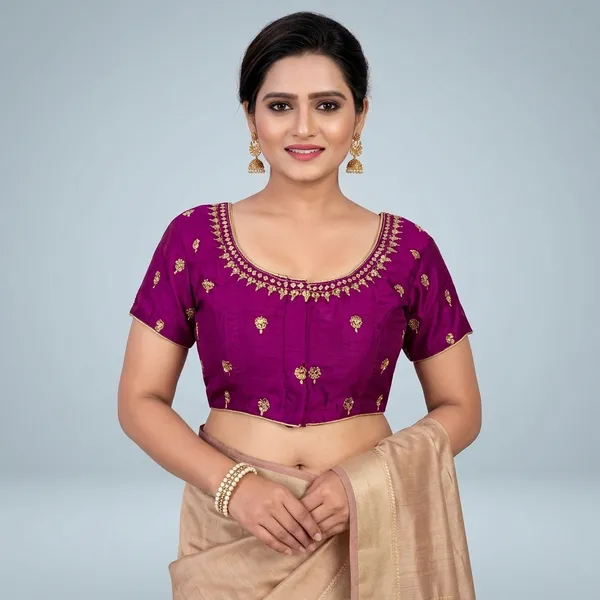 Purple_Silk_Padded_Round_Neck_Blouse_For_Women