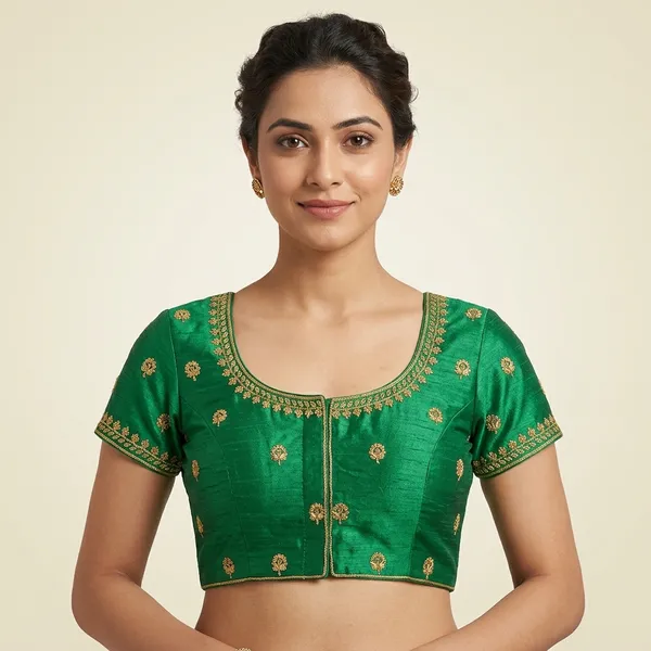 Green_Silk_Floral_Embroidered_Round_Neck_Blouse_For_Women