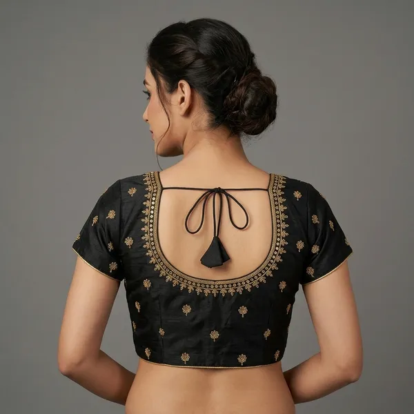 Black_Silk_Embroidered_Short_Sleeve_Round_Neck_Blouse_For_Women