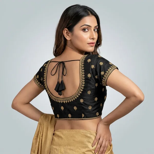 Black_Silk_Embroidered_Short_Sleeve_Round_Neck_Blouse_For_Women
