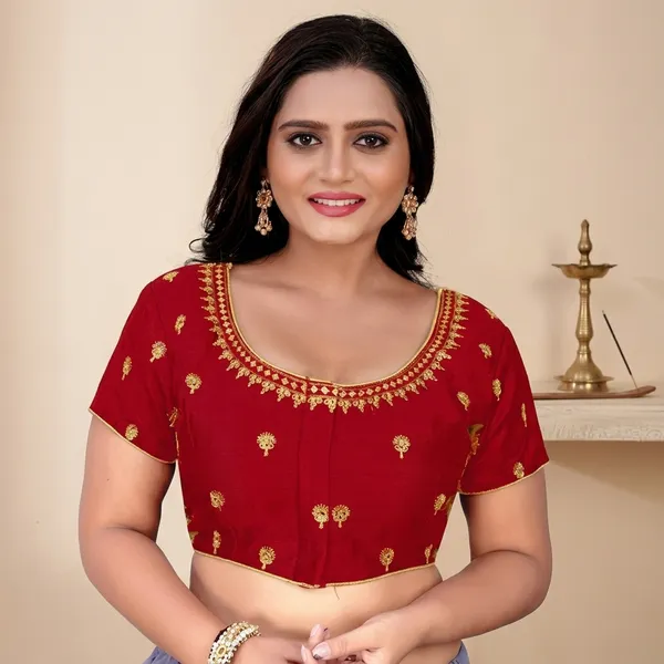 Red_Silk_Short_Sleeve_Embroidered_Blouse_For_Women
