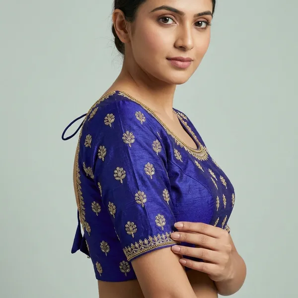 Blue_Silk_Short_Sleeve_Embroidered_Blouse_For_Women