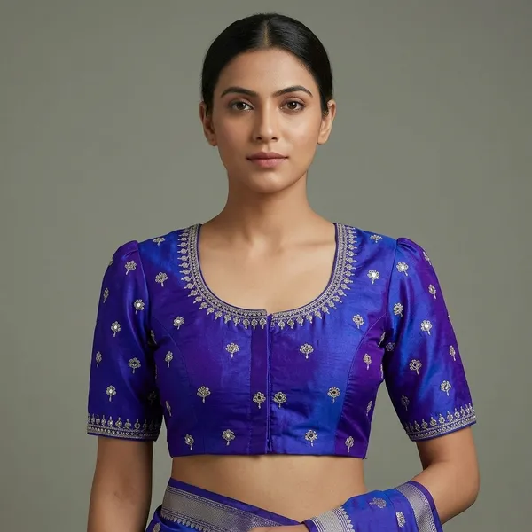 Blue_Silk_Short_Sleeve_Embroidered_Blouse_For_Women