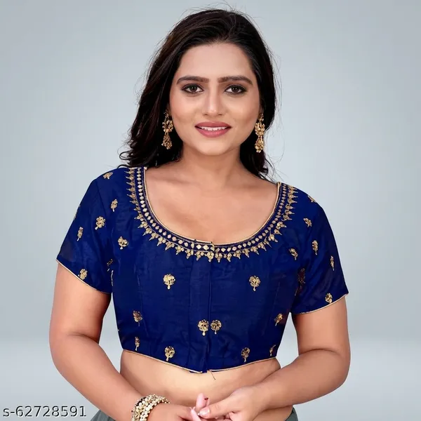 Navy_Blue_Silk_Padded_Mid_Scoop_Neck_Blouse_For_Women