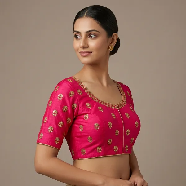 Pink_Silk_Padded_Embroidered_Round_Neck_Blouse_For_Women