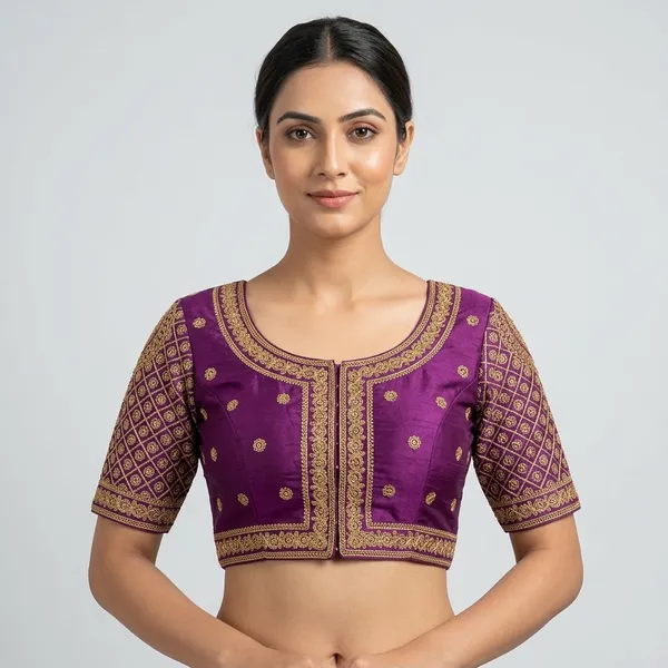 Purple_Silk_Padded_Front_Open_Round_Neck_Blouse_For_Women