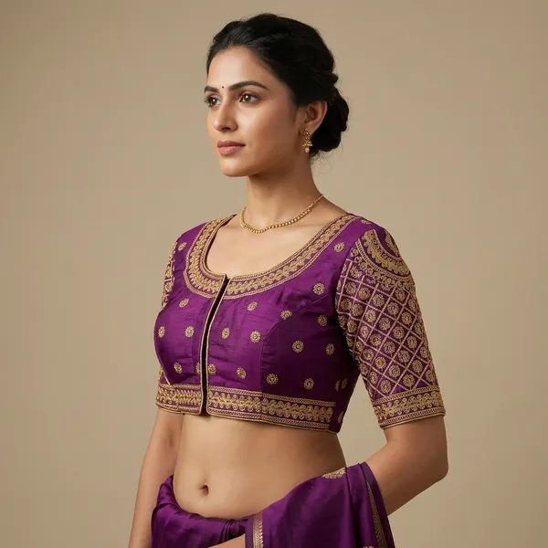 Purple_Silk_Padded_Front_Open_Round_Neck_Blouse_For_Women