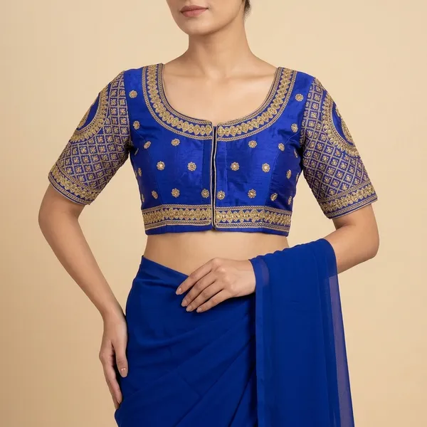 Blue_Silk_Padded_Front_Open_Blouse_For_Women