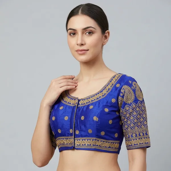 Blue_Silk_Padded_Front_Open_Blouse_For_Women