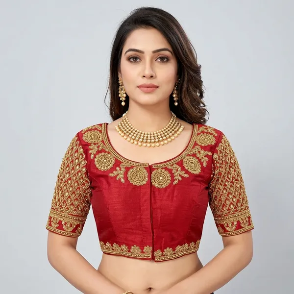 Red_Silk_Round_Neck_Padded_Blouse_For_Women