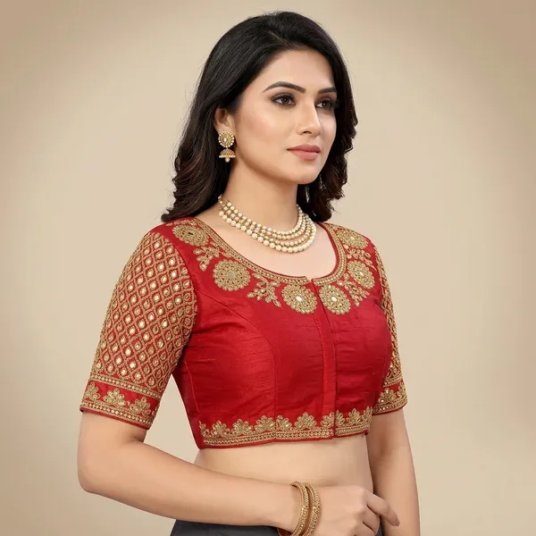 Red_Silk_Round_Neck_Padded_Blouse_For_Women