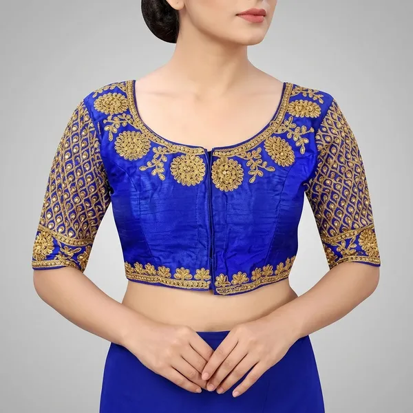 Blue_Silk_Three-Quarter_Sleeve_Embroidered_Blouse_For_Women