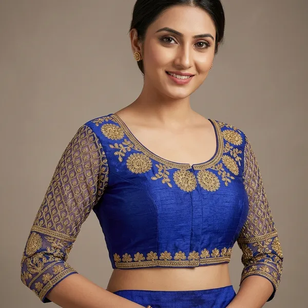 Blue_Silk_Three-Quarter_Sleeve_Embroidered_Blouse_For_Women