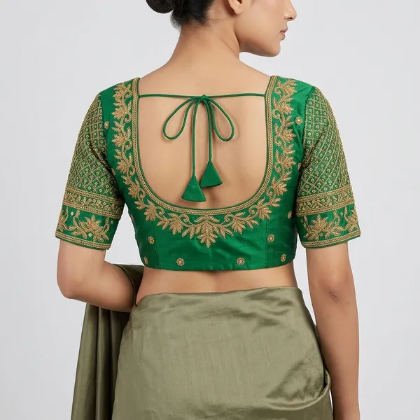 Green_Silk_Padded_Mid_Scoop_Neck_Blouse_For_Women