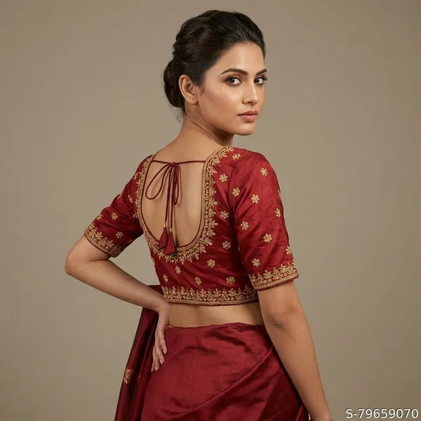 Maroon_Silk_Padded_Round_Neck_Blouse_For_Women