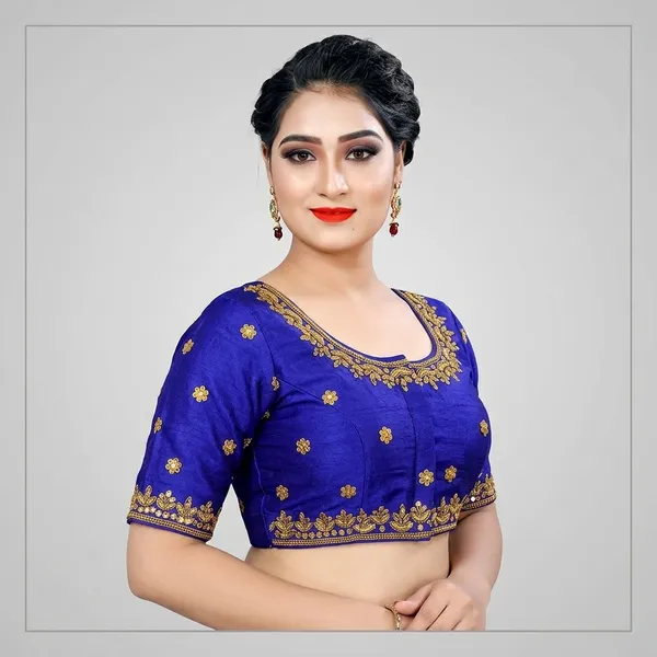 Blue_Silk_Round_Neck_Padded_Blouse_For_Women
