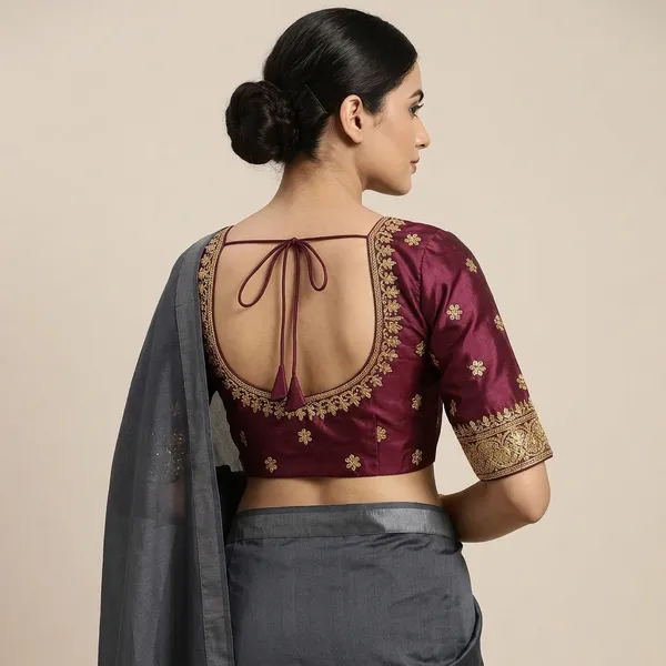 Maroon_Silk_Three-Quarter_Sleeve_Mid_Scoop_Blouse_For_Women