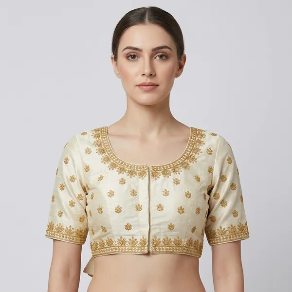 White_Silk_Padded_Round_Neck_Blouse_For_Women
