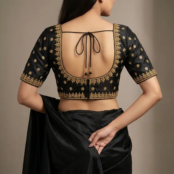 Black_Silk_Padded_Round_Neck_Blouse_For_Women