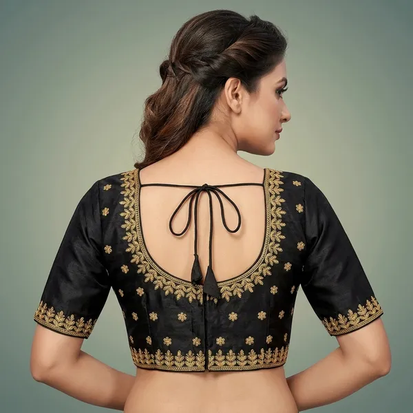 Black_Silk_Padded_Round_Neck_Blouse_For_Women