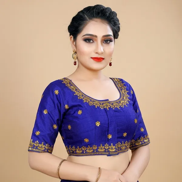 Blue_Silk_Three-Quarter_Sleeve_Round_Neck_Blouse_For_Women