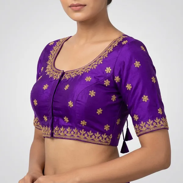 Purple_Silk_Round_Neck_Padded_Blouse_For_Women