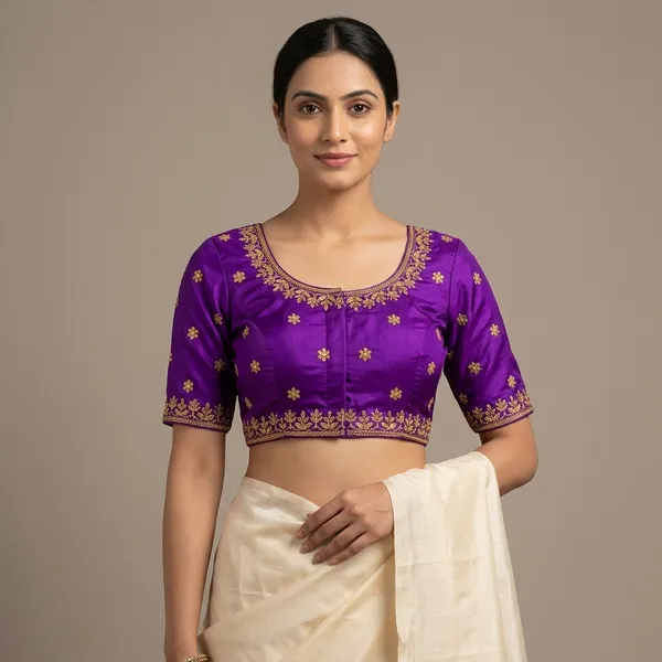 Purple_Silk_Round_Neck_Padded_Blouse_For_Women