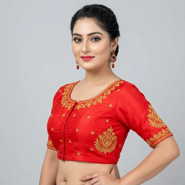 Red_Silk_Embroidered_Round_Neck_Padded_Blouse_For_Women