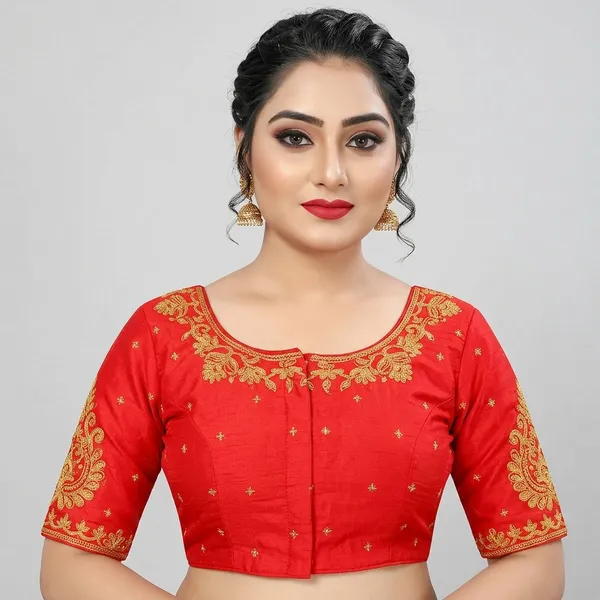 Red_Silk_Embroidered_Round_Neck_Padded_Blouse_For_Women