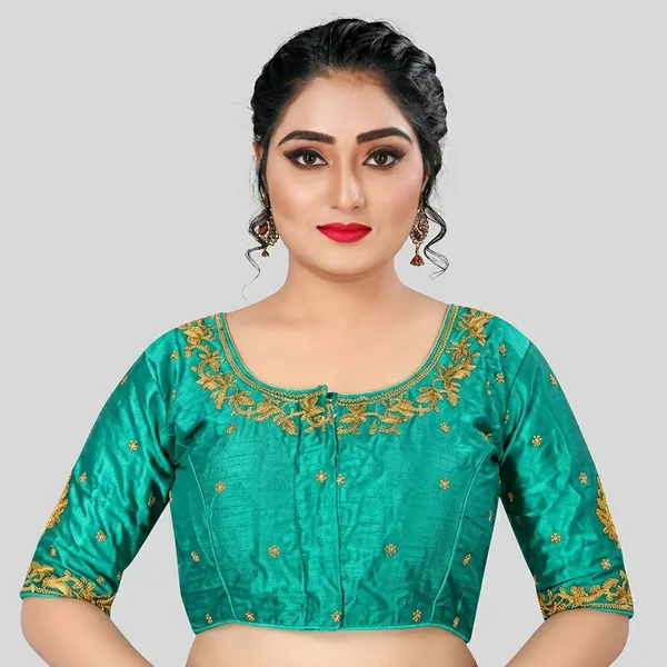 Green_Silk_Three-Quarter_Sleeve_Round_Neck_Blouse_For_Women