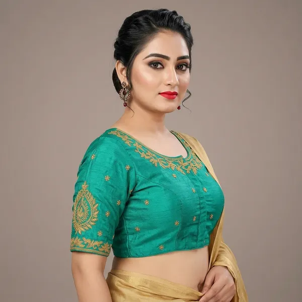 Green_Silk_Three-Quarter_Sleeve_Round_Neck_Blouse_For_Women