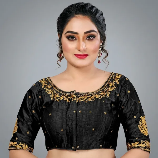 Black_Silk_Padded_Round_Neck_Blouse_For_Women