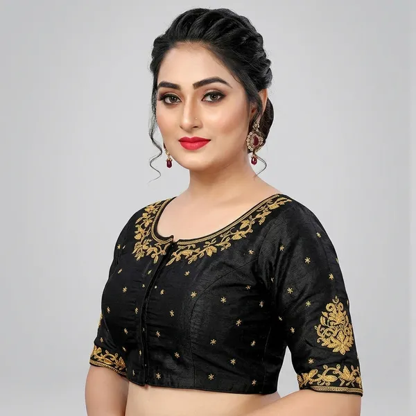 Black_Silk_Padded_Round_Neck_Blouse_For_Women