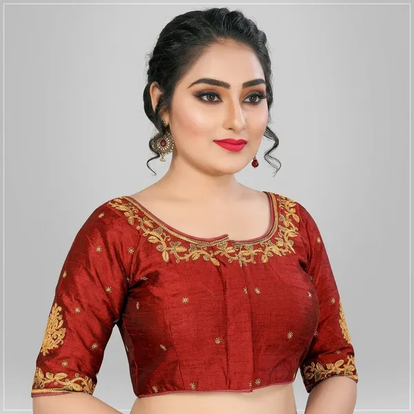 Maroon_Silk_Embroidered_Padded_Blouse_For_Women